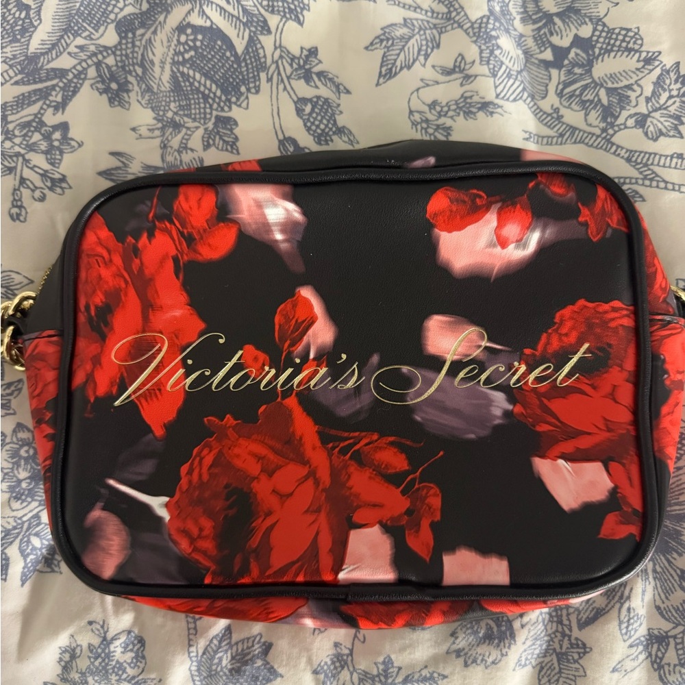 Victoria's Secret Black Cosmetic Bag with Red Floral Print